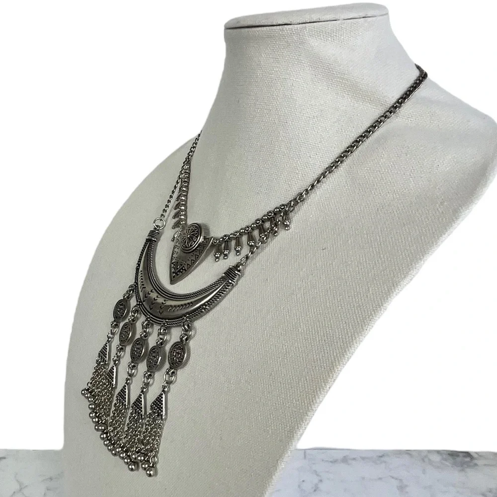 Southwestern Style Silver Toned Boho Statement Necklace